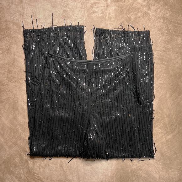Black Sequin Fringe Sparkle Pants Straight Leg Mesh Party Disco Formal Western - Picture 5 of 8